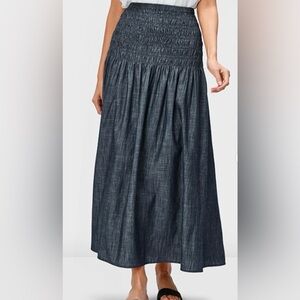 Long Cotton Chambray Skirt Ruched Pleating Elastic-smocked Waist